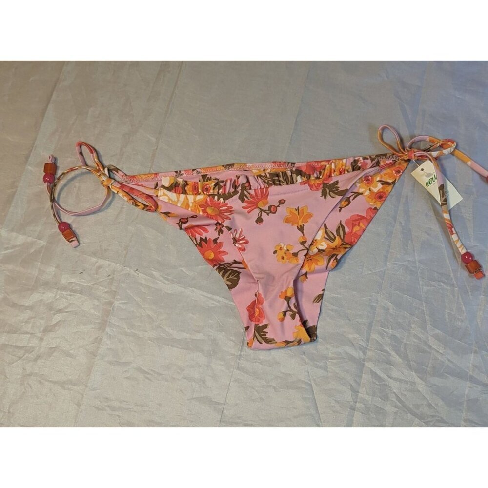 Aerie Swim Womens Cheekier Bikini Bottom Tie Sides Ruffle Floral Pink Small